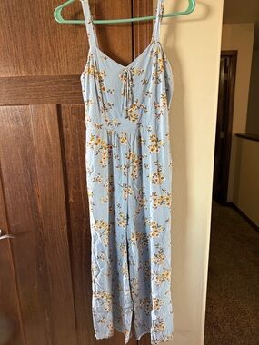 Xhilaration Light Blue Floral Romper with Tie-Front Spaghetti Straps
